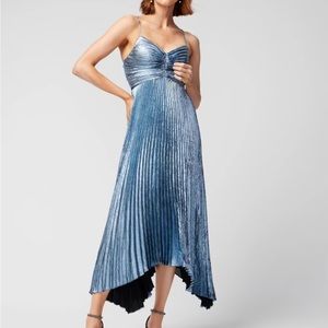 White House Black Market pleated metallic ice blue dress.